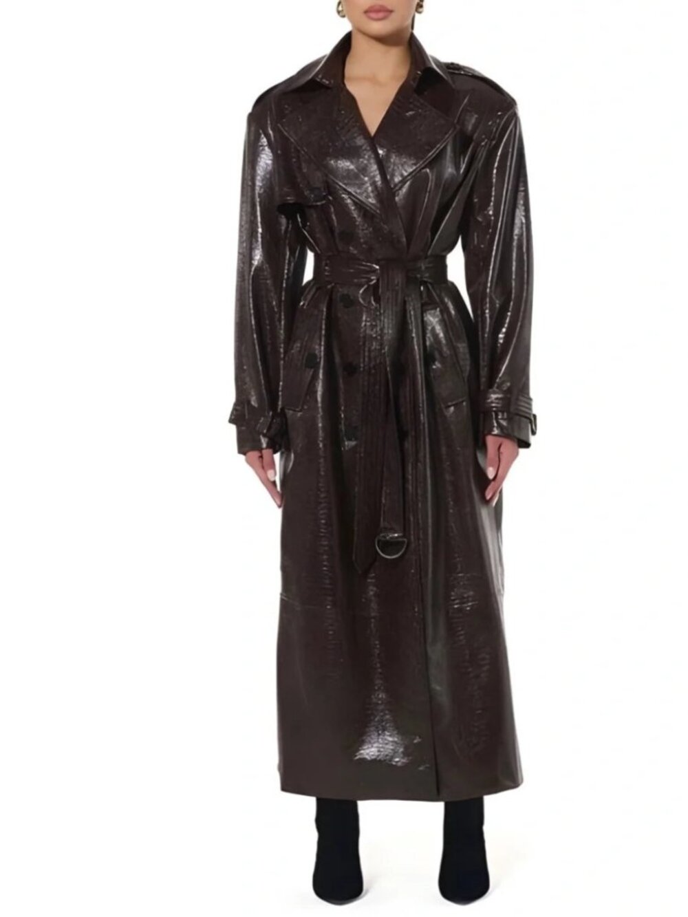 Naked Wardrobe Chocolate Crocodile Vegan Leather Trench Coat Quiet Luxury S NWOT